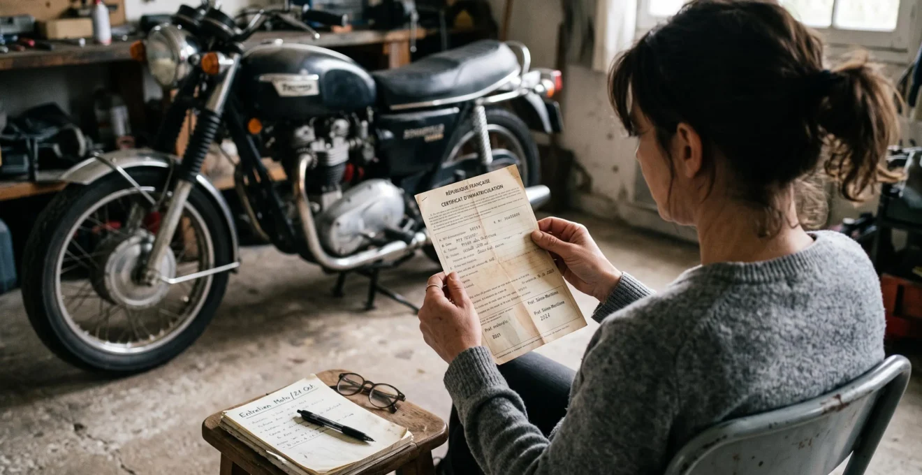 Une femme relit la carte grise de sa moto de collection assise à côté du deux-roues dans un garage.