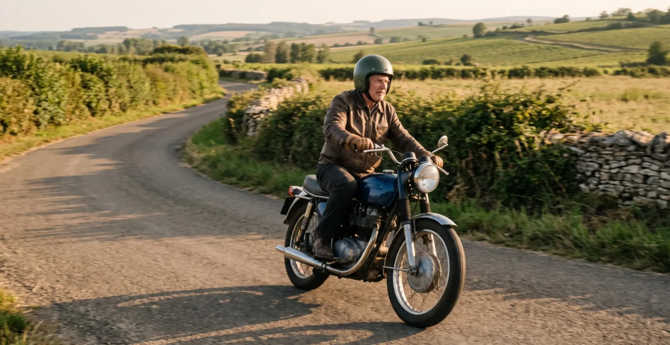 Un motard chevauche une moto de collection sur une petite route de campagne française en fin d'après-midi.