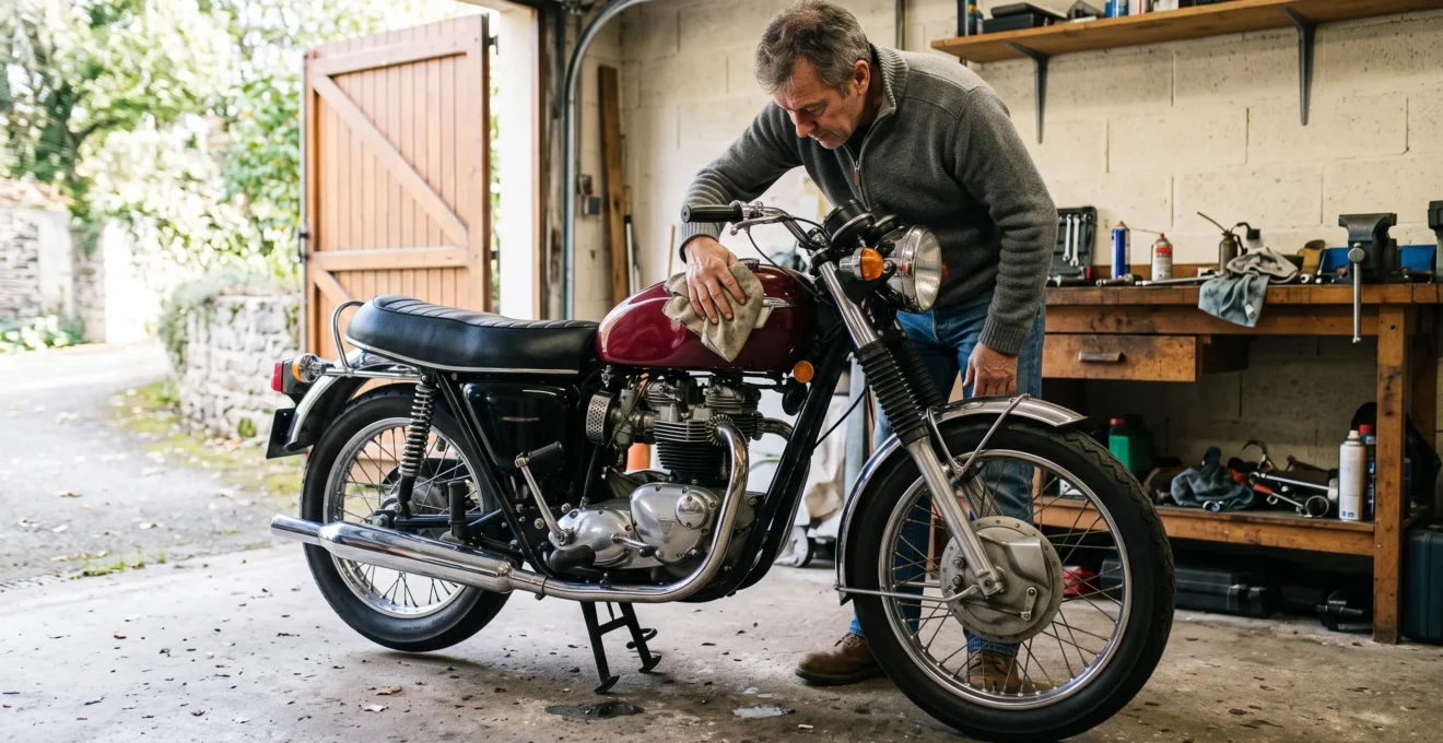 Un homme essuie le réservoir d'une moto de collection garée dans un garage éclairé par la lumière du jour.