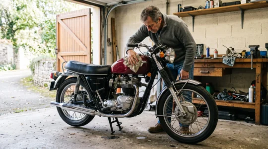 Un homme essuie le réservoir d'une moto de collection garée dans un garage éclairé par la lumière du jour.
